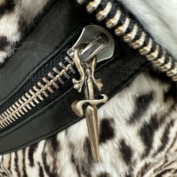 Cesare Paciotti Leopard animal print dagger rabbit fur Moto jacket XS - Picture 9 of 16